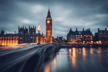 Fototapeta premium Illuminated clock tower and bridge reflect on the water at dusk.