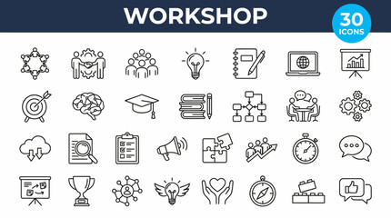 Thin-line workshop and training icons set for UI/UX, web and print design, featuring tools, collaboration, learning, and brainstorming