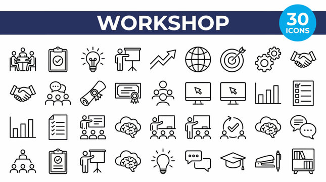 This workshop icons set includes 30 outline icons for training, collaboration, planning, education, and business development.