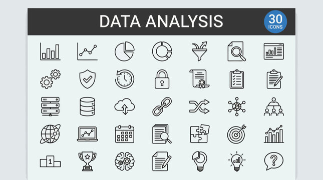 Comprehensive data analysis with iconography featuring charts, databases, cloud, and analytics tools for visual data interpretation