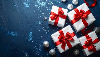 Four white gift boxes adorned with red ribbons on a dark blue textured background surrounded by silver ornaments and festive decorations