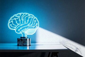 Artificial intelligence symbol showing illuminated wireframe brain lamp, neural network glow, creative technology desk scene