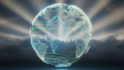 Glowing digital earth with swirling lines and rays of light