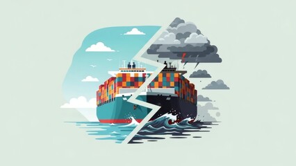 Cargo ship split in two, contrasting calm and stormy seas