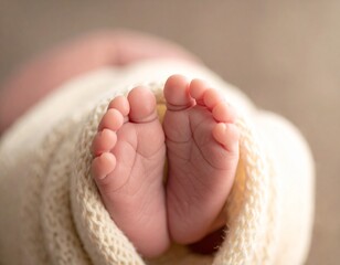 Tiny baby feet wrapped in soft white blanket close-up