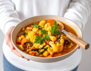 Delicious vegetable curry with cauliflower and herbs in bowl