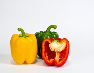Vibrant bell peppers in yellow, green, and sliced red on white