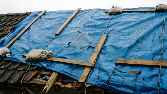 Outdoor Temporary Blue Tarp Cover on Damaged Roof Tile Structure
