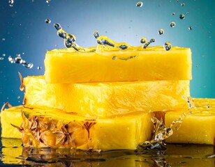 Fresh pineapple chunks with water splashing on blue background