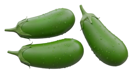 Trio of fresh green eggplants with water droplets, transparency PNG cut-out for grocery design
