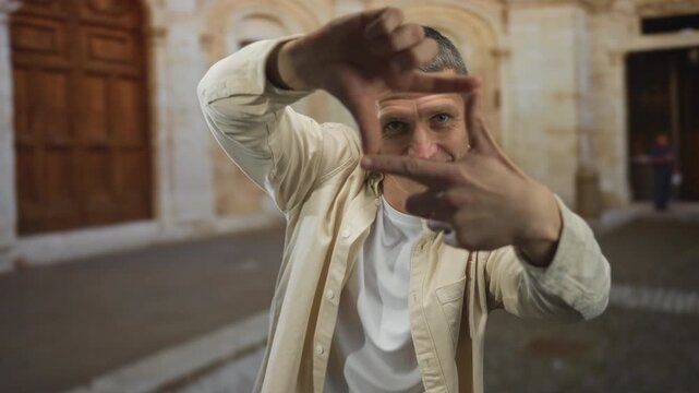 Man framing imaginary photo with hands on street wearing white shirt and beige jacket outdoors in urban setting.