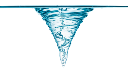 A close-up view of a mesmerizing water tornado, forming in clear water transparent background