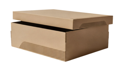 A cardboard box with its lid slightly ajar, suggesting anticipation or storage transparent background
