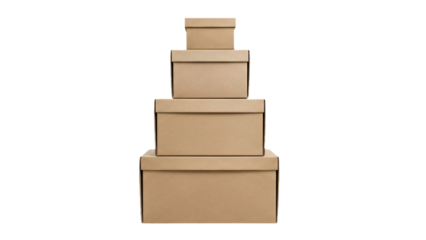 Four stacked brown cardboard boxes of varying sizes, presenting a visual of order and preparation. Perfect for storage, packaging, and moving. transparent background