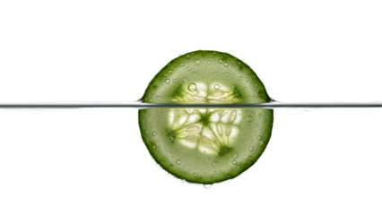 A fresh slice of cucumber suspended in water, showcasing its refreshing clarity and crisp texture. The image evokes a sense of freshness and hydration transparent background
