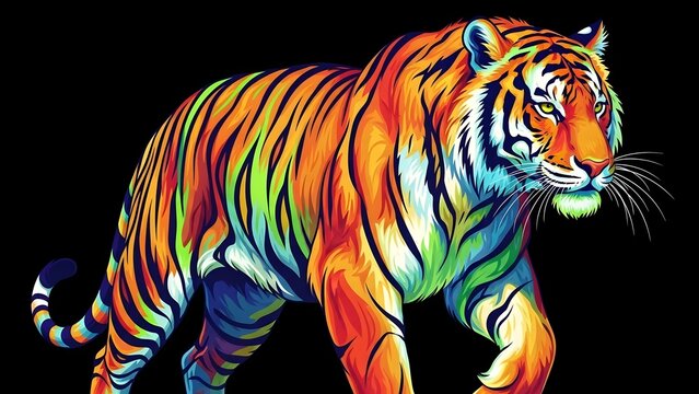 A vibrant, psychedelic tiger with rainbow-colored stripes walks against a dark black background, showcasing artistic interpretation. - Powered by Adobe
