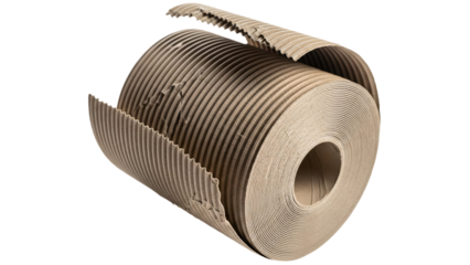 Corrugated paper roll, partially unrolled, in brown, studio shot transparent background