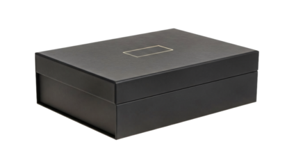 A luxurious, rectangular black box with a delicate, small, golden plate. It is a symbol of elegance and sophistication. transparent background
