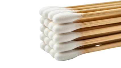 Stack of bamboo cotton swabs on display. Close-up shot with a clean aesthetic and attention to detail. transparent background