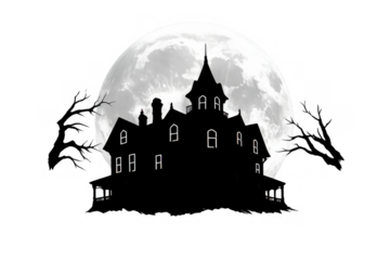 Haunted mansion silhouette with full moon and spooky bare trees, creating a chilling scary halloween atmosphere