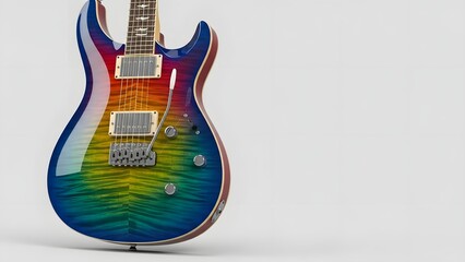 A close-up shot of a vibrant rainbow-colored electric guitar with a glossy finish and chrome hardware.