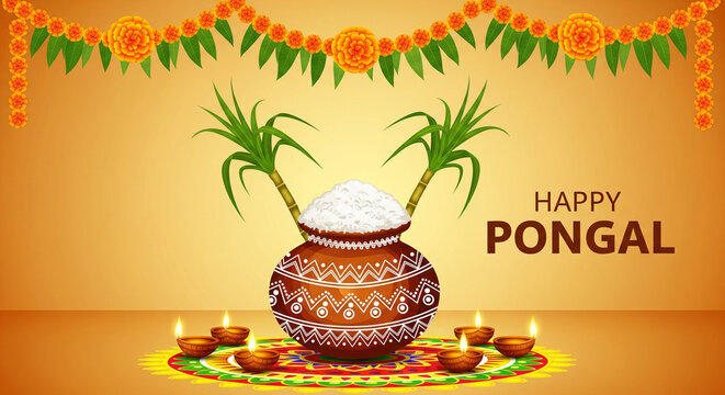 Happy Pongal Festive Greeting with Traditional Mud Pot, Sugarcane, and Rangoli