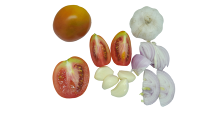 Fresh vegetables: tomatoes and garlic cloves