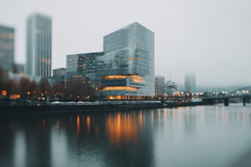 Obraz premium Modern glass buildings glow with warm light by the calm waterfront.