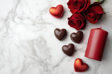 Arrangement of romantic elements including red roses, heart shaped chocolates, metallic hearts, and a pillar candle on marble surface