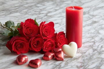 Cluster of red roses rests beside a pillar candle and heart shaped chocolates on a marble surface
