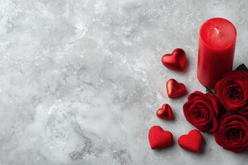 Romantic arrangement of red hearts, a pillar candle, and deep red roses sits on a textured light gray surface
