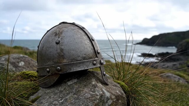 Viking Helmet on Rocky Coastline Scene.