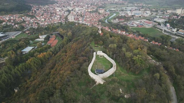 The Hisar fort in Prokuplje, Serbia. Aerial perspective, drone video.