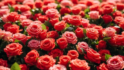 A vibrant field of red and pink roses in full bloom on a sunny day