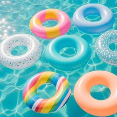 A collection of colorful inflatable pool floats floating on the surface of a swimming pool