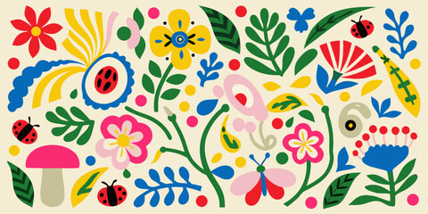 Colorful floral and insect pattern with whimsical shapes and vibrant hues © Bivuti