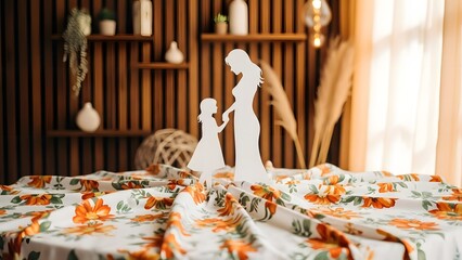 A blurry image of a wedding cake topper on a table with a floral tablecloth