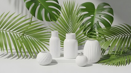 White vases and tropical leaves on a minimalist background