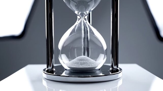 Hourglass close up with white sand flowing against a neutral background