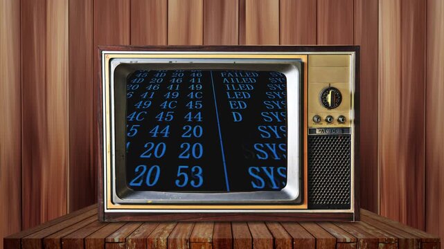 analog crt screen with coding data falling backgrund