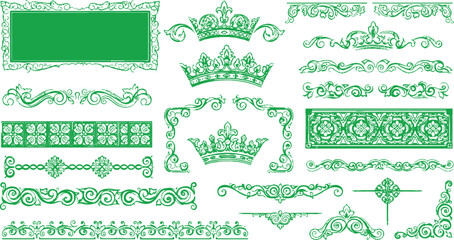 Green Vector set of green floral elements and ornate frames featuring victorian swirls, calligraphic borders, and decorative flower ornaments for retro invitation card design illustration © MSTADURI