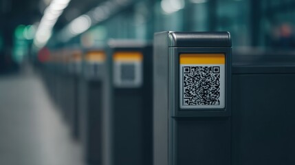 Cross border trade, A close-up view of a QR code reader at a modern transit station, showcasing digital technology and automated entry systems.