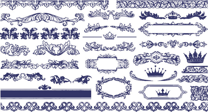 Blue Set of  calligraphic design elements featuring ornamental floral frames, victorian scrolls, and ornate retro vector borders for decorative classic labels and flourish style illustrations