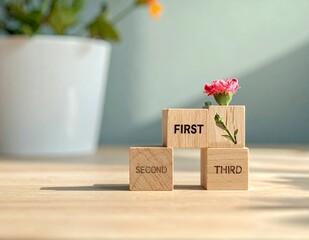 Wooden Blocks Displaying First, Second, and Third Place with Flower.