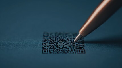Cross border trade, A close-up of a pen hovering above a QR code on a dark background, emphasizing modern technology and interactive digital links.