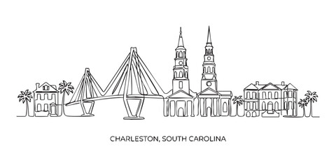 Naklejka premium Charleston, South Carolina City Skyline Continuous Line Art with Ravenel Bridge and Churches
