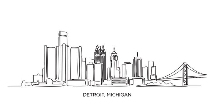 Detroit, Michigan City Skyline Continuous Line Art with Renaissance Center and Bridge