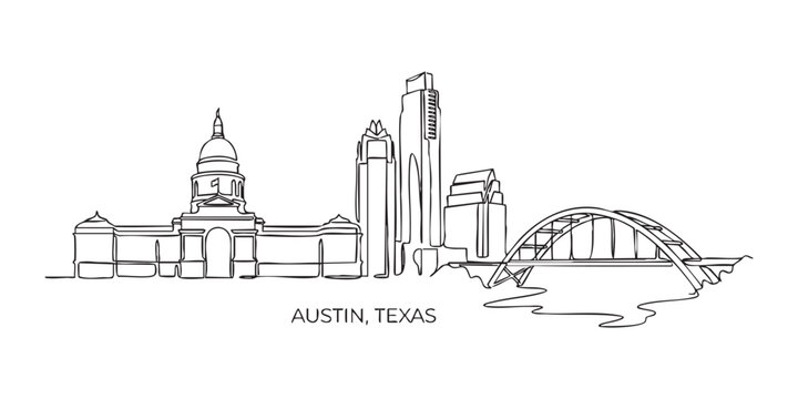 Austin, Texas City Skyline Continuous Line Art with Capitol and Pennybacker Bridge