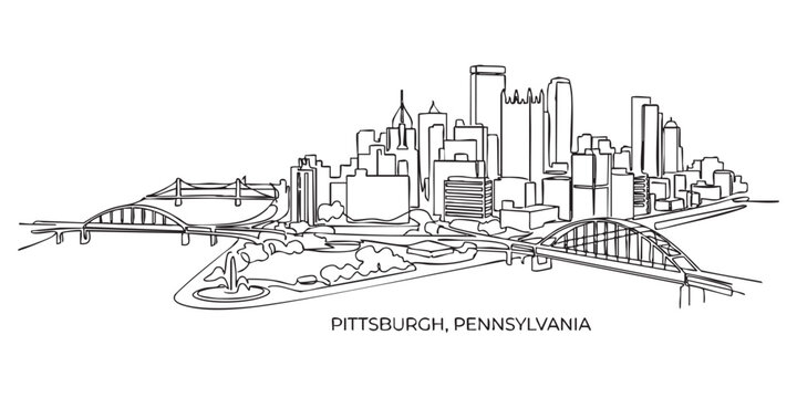 Pittsburgh, Pennsylvania City Skyline Continuous Line Art with Bridges and Point State Park
