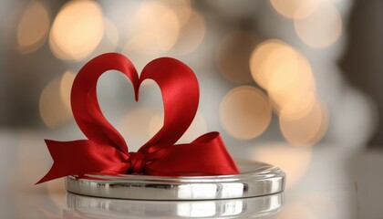 Shiny red ribbon elegantly shaped into a heart rests upon a reflective metallic base with a soft background glow